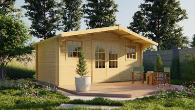 Tuindeco Karen Blokhut 500x320 cm 40 mm vuren blank- Zadeldak- Onbehandeld vurenhout- Tuindeco