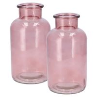 Bloemenvaas melkbus fles model - 2x - helder gekleurd glas - oudroze - D10 x H20 cm