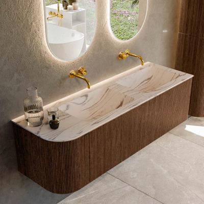 Badmeubel Mondiaz Kurve-Dlux | 145 cm | Meubelkleur Walnut | Wastafelkleur Nata | Solid surface | Dubbel / Rechts spoelbak | Zonder kraangat(en)