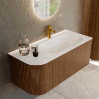 Mondiaz KURVE-DLUX 105 cm Onderkast Greeploos 1 Lade Met Deuren Walnut, Wastafel Solid Surface Rechts Ostra 1 Kraangat Zonder Spiegel (KRVBGS105L1L1D1KR-Wal/Ost)