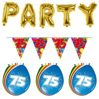 Verjaardag feestversiering 75 jaar PARTY letters en 16x ballonnen met 2x plastic vlaggetjes - thumbnail