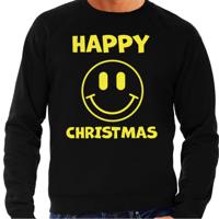 Foute Kersttrui/sweater voor heren - Happy Christmas - Smile Emoticon - zwart - glitter geel