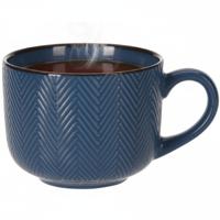 Thee/koffiemok XL Fishbone - blauw - 12 x 9 cm - keramiek - kommetjes met oor - 560 ml