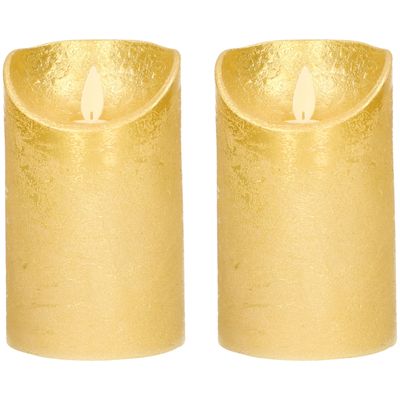 2x Gouden LED kaarsen / stompkaarsen met bewegende vlam 12,5 cm