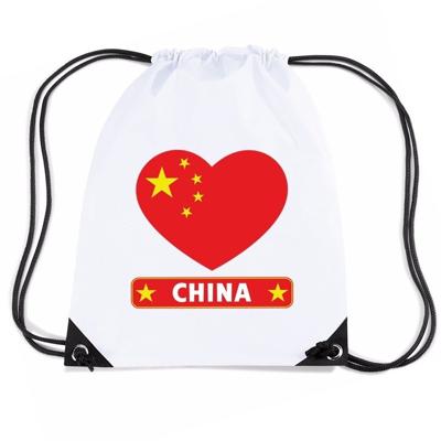 China thema sporttas - nylon rijgkoord rugzak - wit met hartjes vlag print - supporters