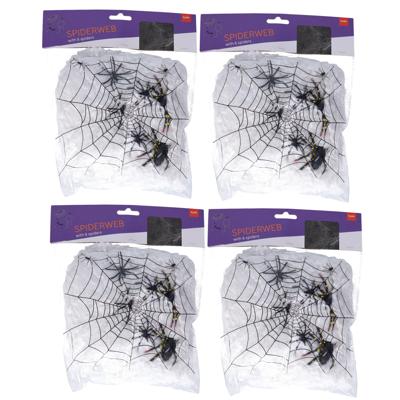 Decoratie spinnenweb met spinnen - 4x - zakje van 100 gram - Halloween - versiering - 20 x 22 cm