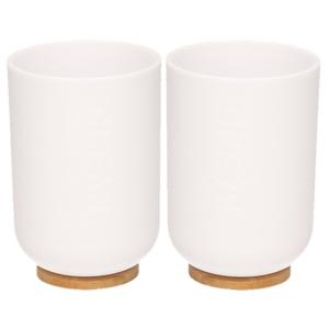 Badkamer beker/tandenborstel houder - 2x - wit - kunststof/bamboe -11 cm