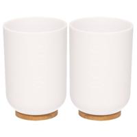 Badkamer beker/tandenborstel houder - 2x - wit - kunststof/bamboe -11 cm