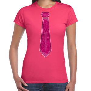 Verkleed t-shirt voor dames - stropdas glitter roze - roze - carnaval - foute party