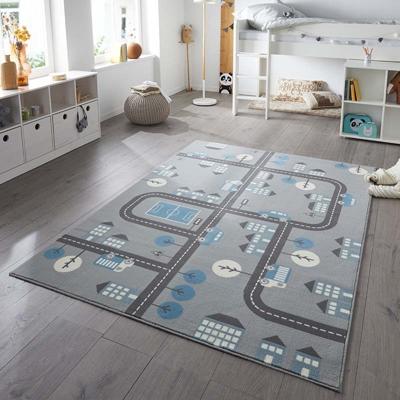 Vloerkleed Kids Town - Grijs / Blauw maat: 220x160cm - materiaal: Polypropyleen - Dekbed-Discounter.nl
