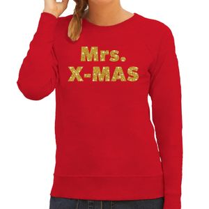 Kersttrui Mrs. x-mas gouden glitter letters rood dames