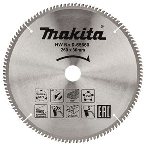 Makita Accessoires D-65660 Afkortzaagblad | div. materialen | 260x30x2,6 | 120T | 5g - D-65660