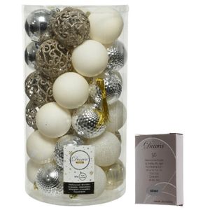 Kerstversiering mix pakket kunststof kerstballen 6 cm zilver/parel/wit 37x stuks met haakjes