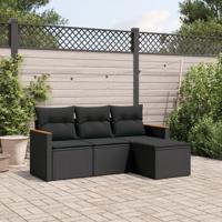 4-delige Loungeset met kussens poly rattan zwart