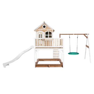 AXI Liam Speelhuis op palen, zandbak, nestschommel & witte glijbaan Speelhuisje voor de tuin / buiten in bruin & wit