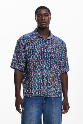 Kortemouw shirt met etnische borduursels - BLUE - L