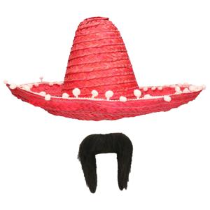 Carnaval verkleed set - Mexicaanse sombrero hoed met plaksnor - rood - heren