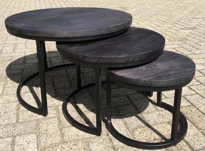 Salontafel set 3 stuks zwart mangohout en metaal