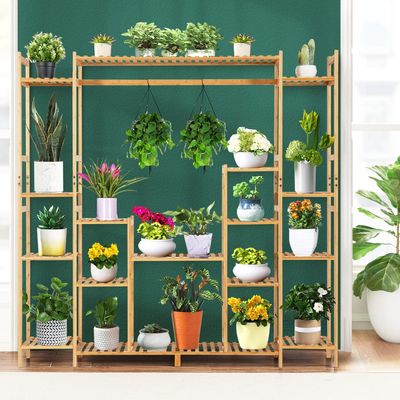 9-Vaks Bamboe Plantenstandaard met Ophangbeugel en Anti-Kantelbeveiliging 2-In-1 Hoekplank voor Hoge en Lage Planten Natuurlijk
