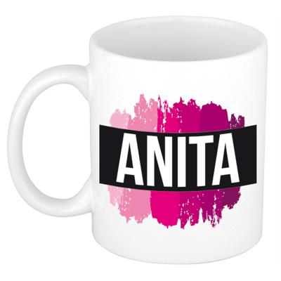 Anita naam cadeau koffie mok - beker - met roze verfstrepen - Cadeau collega - moederdag