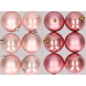 12x stuks kunststof kerstballen mix van lichtroze en oudroze 8 cm