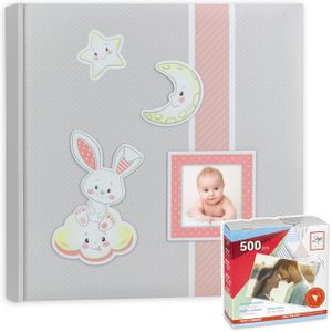 Fotoboek/fotoalbum Fred baby meisje met 30 paginas roze 32 x 32 x 3,5 cm inclusief plakkers