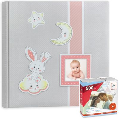 Fotoboek/fotoalbum Fred baby meisje met 30 paginas roze 32 x 32 x 3,5 cm inclusief plakkers
