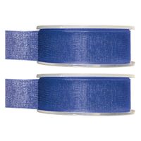 2x Kobaltblauwe organzalint rollen 2,5 cm x 20 meter cadeaulint verpakkingsmateriaal - Cadeaulinten