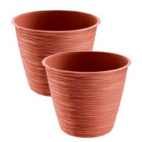 2x stuks stijlvolle kunststof plantenpot/bloempot dia 20 cm/hoogte 17 cm Paintstripe stone rood