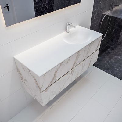 Mondiaz Vica Moon badmeubel wit carrara mat 120 cm 2 lades solid surface enkele spoelbak rechts 1 kraangat