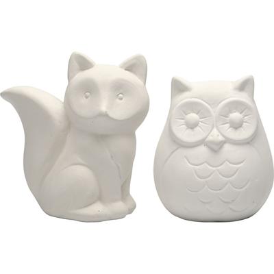 Creativ Company Dierenspaarpot, uil en vos, h: 9 cm, wit, 2 stuk/ 1 doos