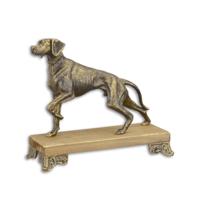 A CAST IRON FIGURINE OF A HOUND MOUNTED ON WOODEN BASE
