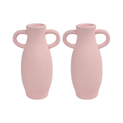 Decoratie Amphora kruik of vaas - 2x - roze terracotta - D12 x H20 cm - smalle opening