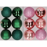 12x stuks kunststof kerstballen mix van donkergroen en roze 8 cm   - - thumbnail