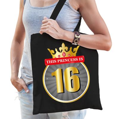 This princess is 16 - verjaardag cadeau tasje - zwart - voor dames - shopper - 10 liter