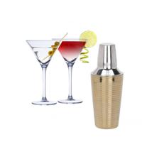 Set van 4x Martini cocktailglazen met goud gestreepte cocktailshaker RVS