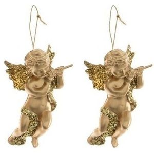 2x Gouden engelen met dwarsfluit kerst hangdecoratie 10 cm