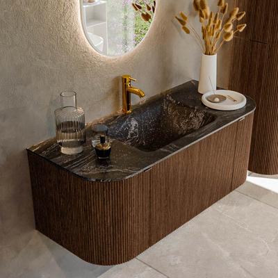 Badmeubel Mondiaz Kurve-Dlux | 110 cm | Meubelkleur Walnut | Wastafelkleur Lava | Solid surface | Midden spoelbak | 1 kraangat