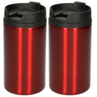 Reisbeker - 2x - 300 ml - rood - thermosbeker - 15 x 7 cm - RVS