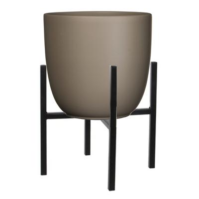 Mica Decorations Bloempot met verhoger - D25 x H23 cm - pot taupe - verhoger zwart/metaal H25 cm