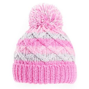 Gebreide winter muts roze/grijs met pompon voor baby