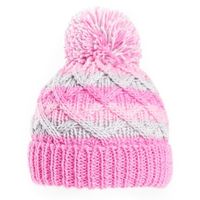 Gebreide winter muts roze/grijs met pompon voor baby - thumbnail