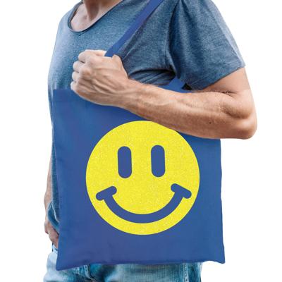 Cadeau tas voor heren - glitter Smile Emoticon - blauw - katoen - 42 x 38 cm - Vaderdag - verjaardag