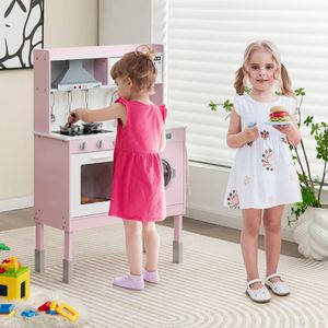 Kinderkeuken met Speelaccessoires Houten Speelkeuken Inclusief Afzuigkap & Wasmachine & Echte Geluiden & Lichtjes Kookspeelset Roze