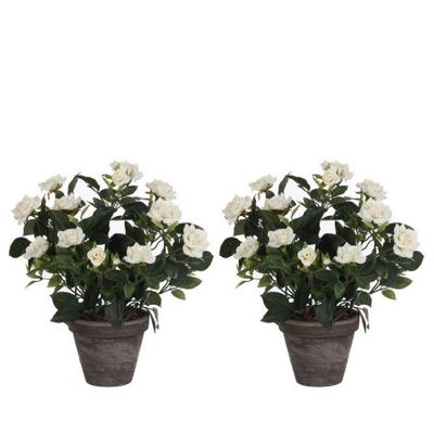 Mica Decorations Kunstplant - 2x - rozen - wit - in grijze pot - 33 cm