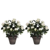 Mica Decorations Kunstplant - 2x - rozen - wit - in grijze pot - 33 cm