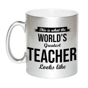 Zilveren Worlds Greatest Teacher cadeau koffiemok / theebeker voor leraar / lerares 330 ml