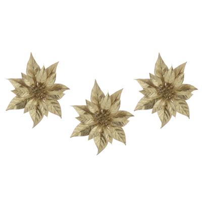 Decoratie bloem - 3x stuks - kerstster - op clip - goud - glitter -18 cm - kunststof - kerstversieri