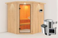 Karibu | Lilja Sauna met Dakkraag | Bronzeglas Deur | Biokachel 3,6 kW Externe Bediening