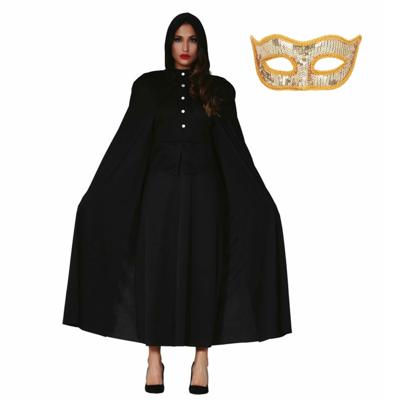 Carnaval gemaskerd bal verkleed set - Oogmasker goud - Lange cape met capuchon zwart - dames
